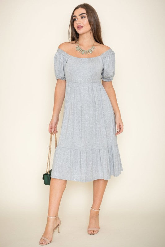 Midi Dress Square Neck Puff Sleeve Boho (Dresses - Off The Shoulder)