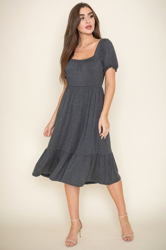 Midi Dress Square Neck Puff Sleeve Boho (Dresses - Off The Shoulder)