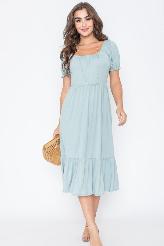 Midi Dress Square Neck Puff Sleeve Boho (Dresses - Off The Shoulder)