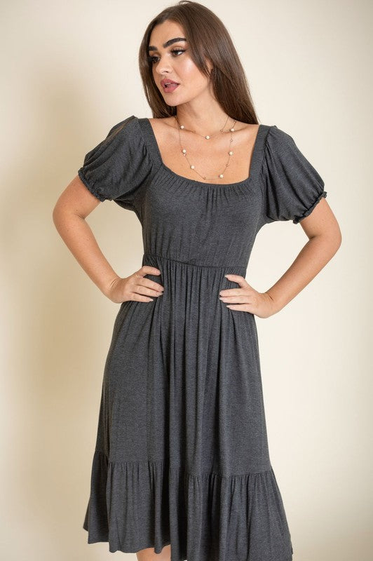Midi Dress Square Neck Puff Sleeve Boho (Dresses - Off The Shoulder)