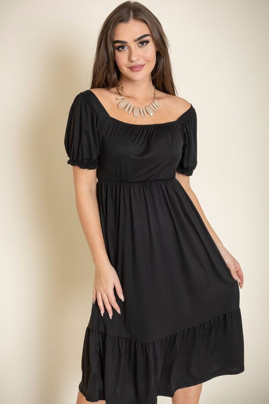 Midi Dress Square Neck Puff Sleeve Boho (Dresses - Off The Shoulder)