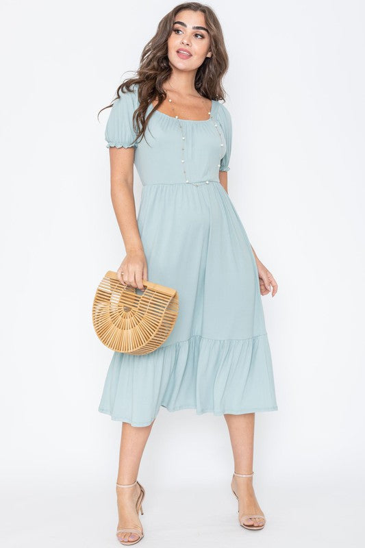 Midi Dress Square Neck Puff Sleeve Boho (Dresses - Off The Shoulder)