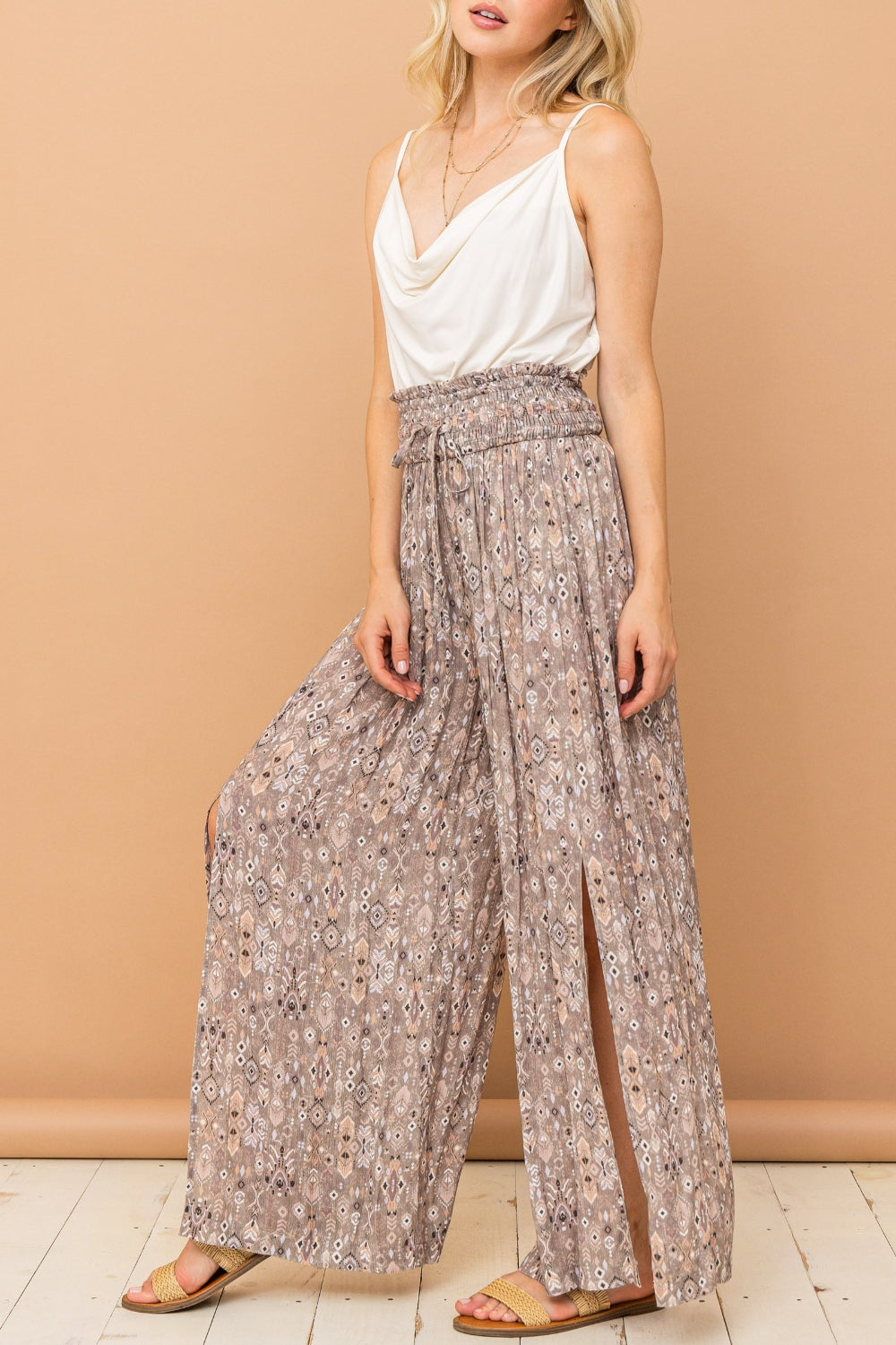 Pants Print Slit Wide Leg