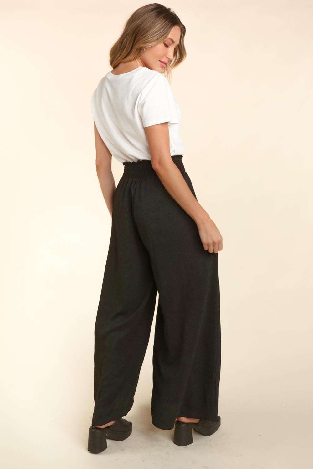 Pants Elastic Waist Pockets Wide Leg