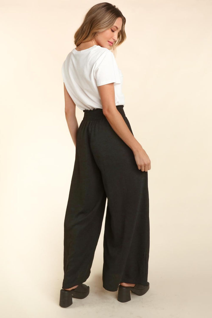 Pants Elastic Waist Pockets Wide Leg