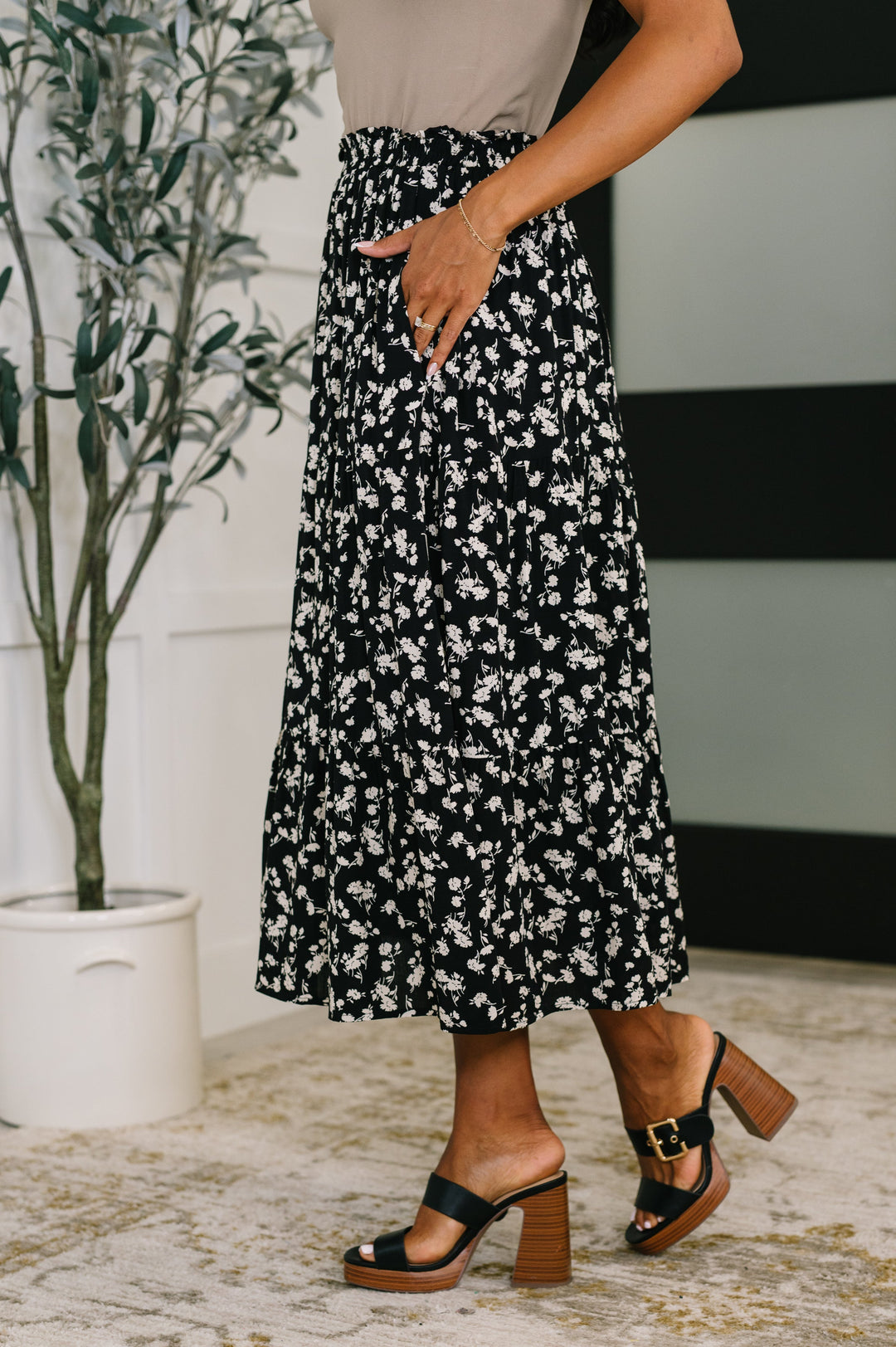 Midi Skirt Floral Print Pockets