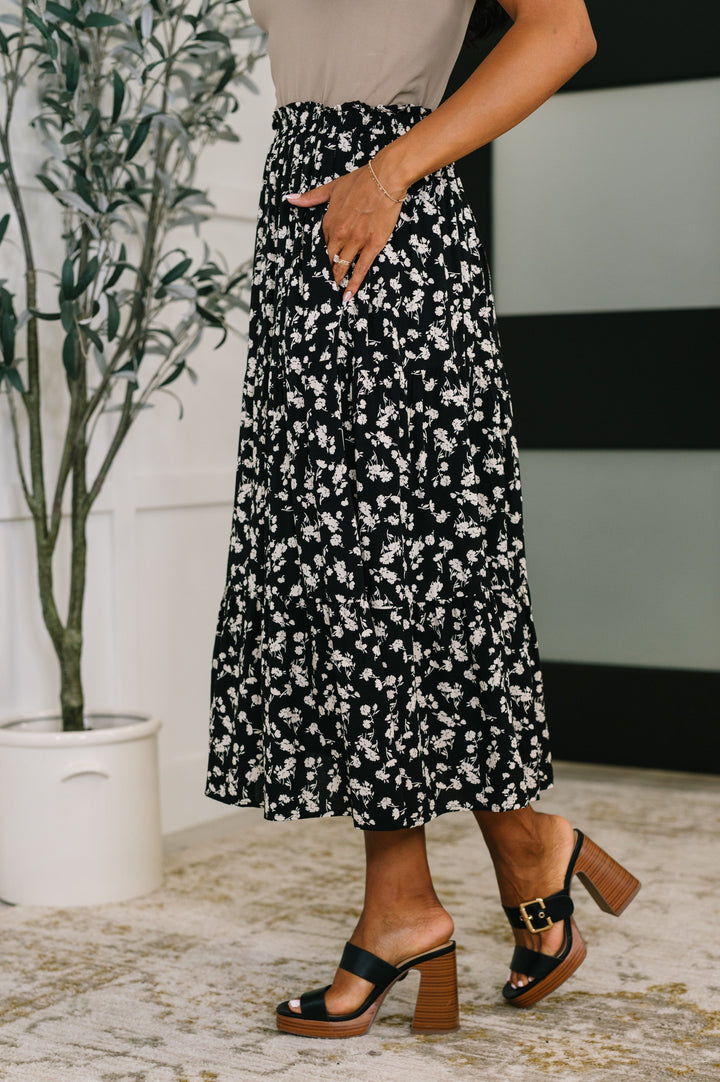 Midi Skirt Floral Print Pockets