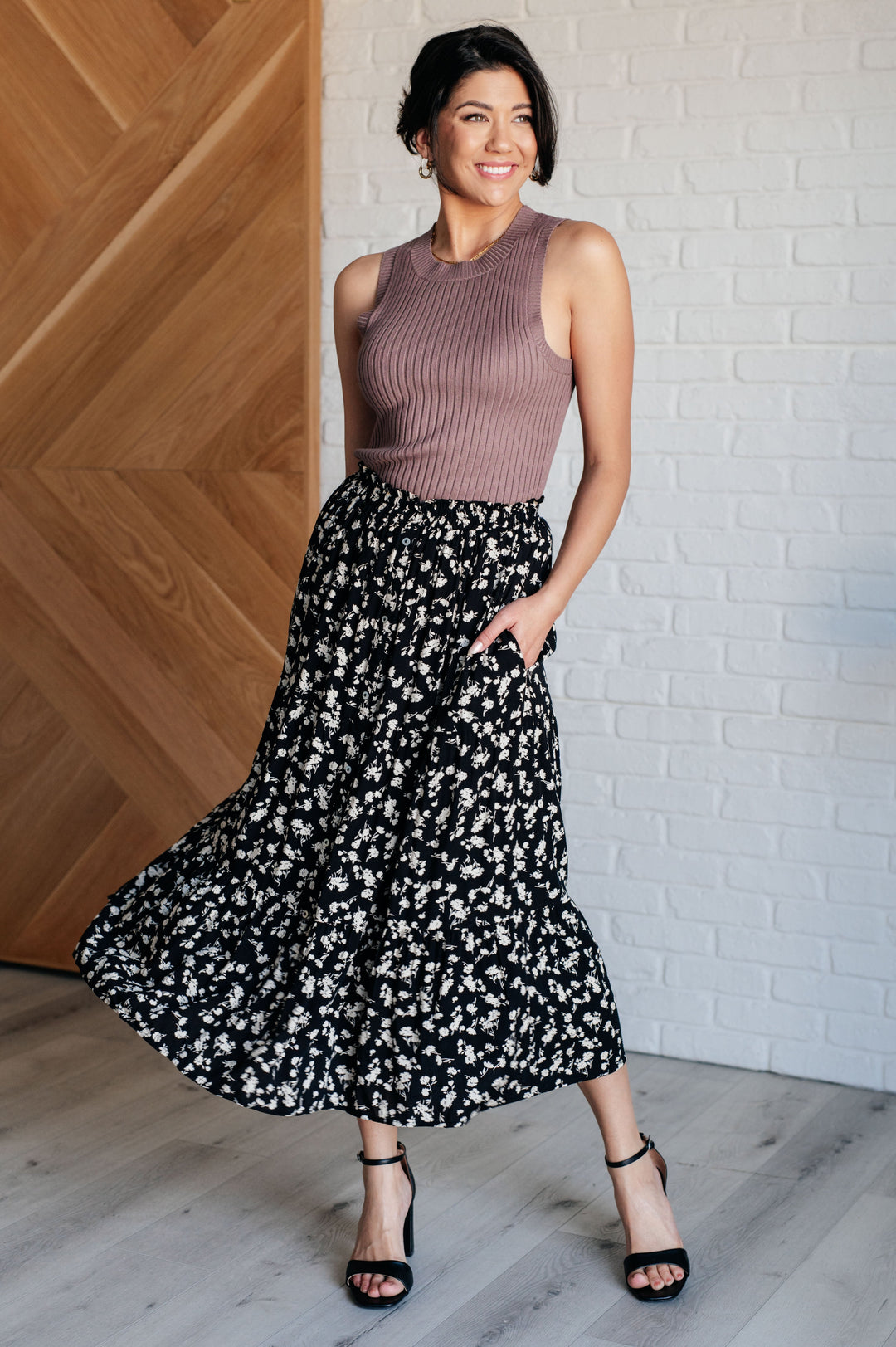 Midi Skirt Floral Print Pockets