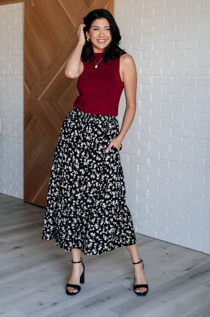 Midi Skirt Floral Print Pockets