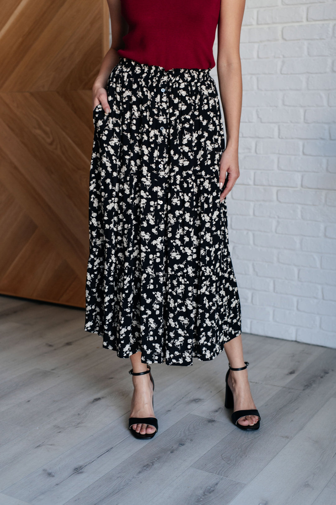 Midi Skirt Floral Print Pockets