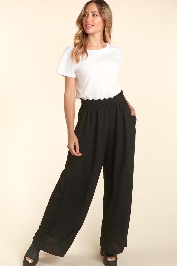 Pants Elastic Waist Pockets Wide Leg