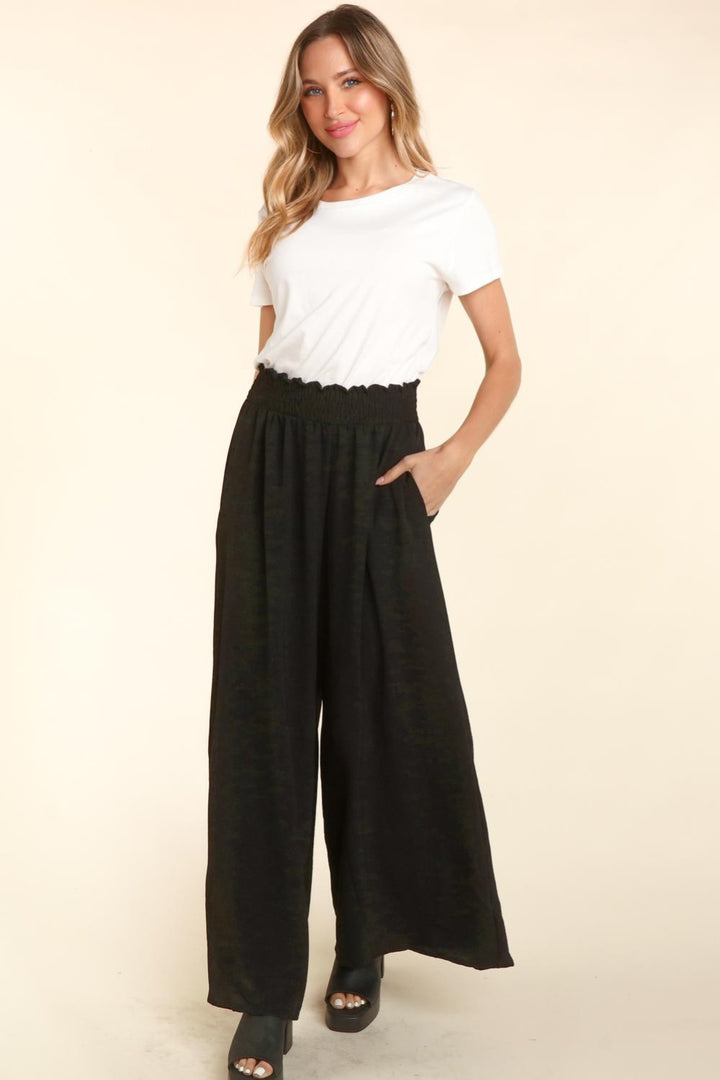Pants Elastic Waist Pockets Wide Leg