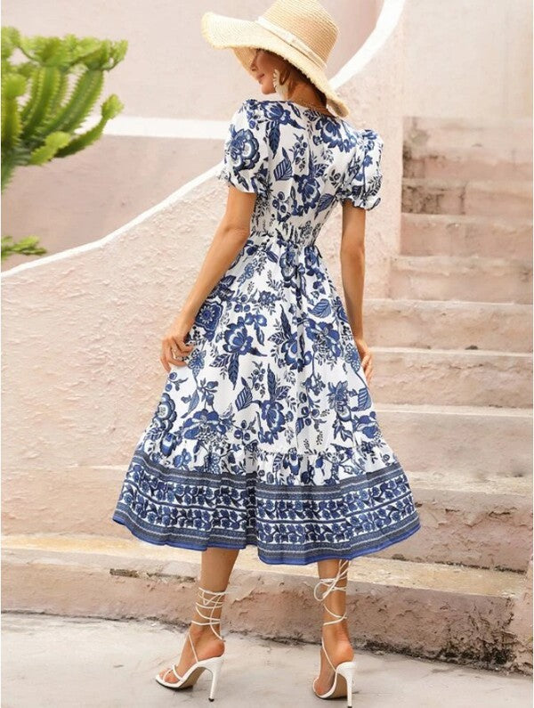Midi Dress Floral Print V Neck