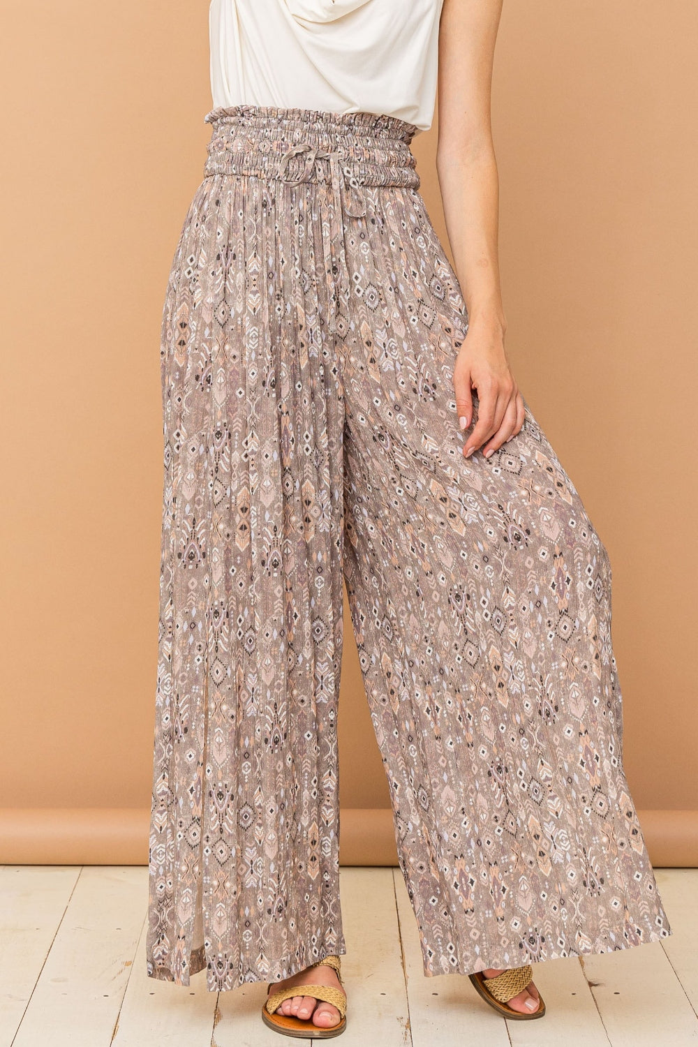 Pants Print Slit Wide Leg