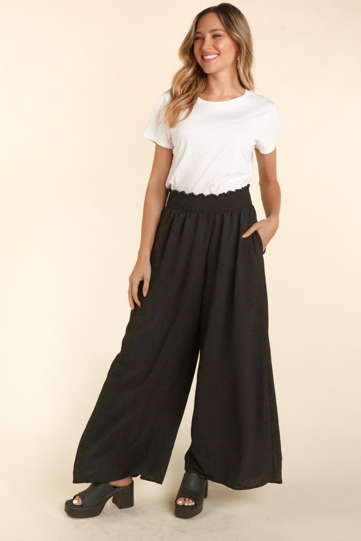Pants Elastic Waist Pockets Wide Leg